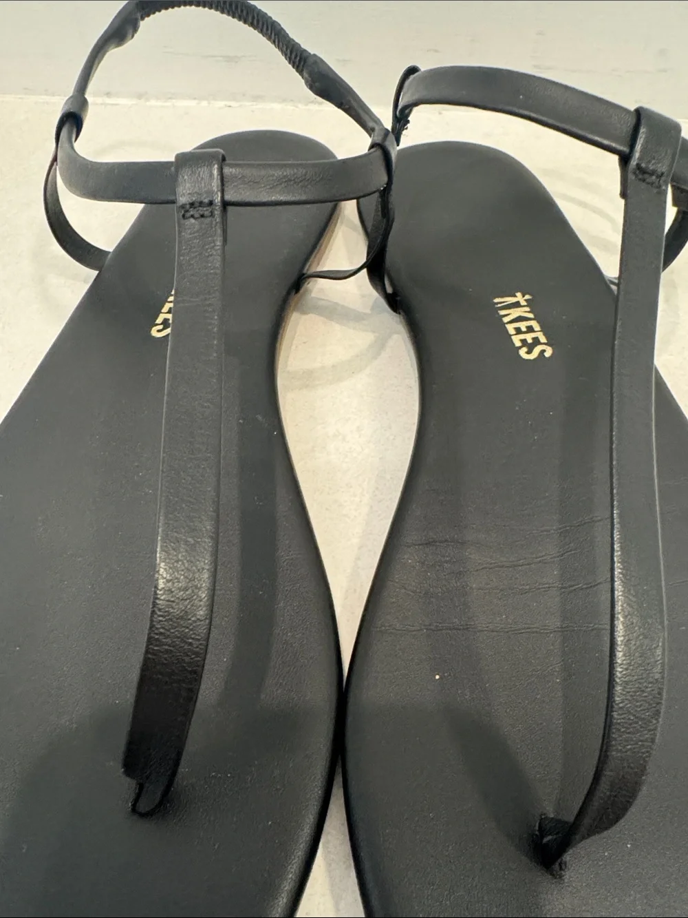 TKEES Black Minimal T-Strap Leather Sandals